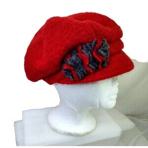 Vtg Cretive Red Wool Felt Newsboy Hat Women's Cloche Beret Gray Ruffle Italy OS